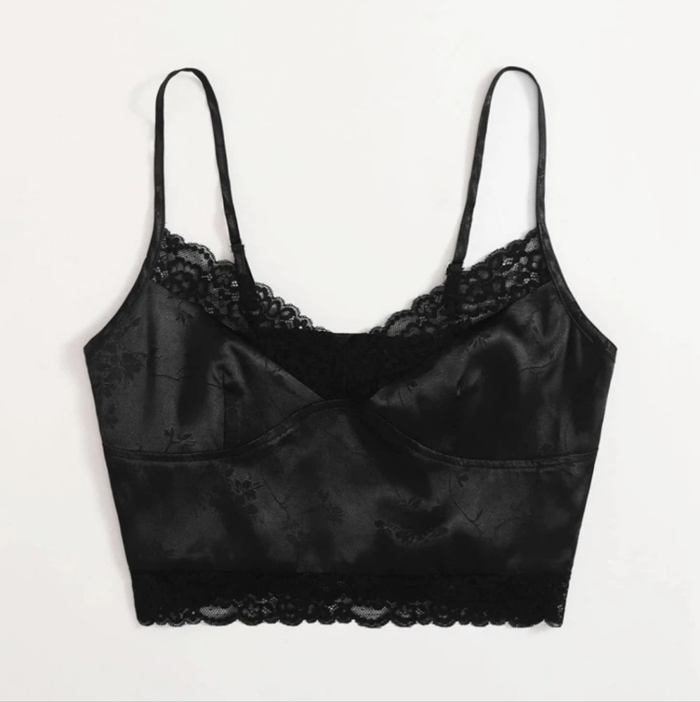 Shein Women's S Jacquard Lace Trim  Cami Top Black - Picture 2 of 15